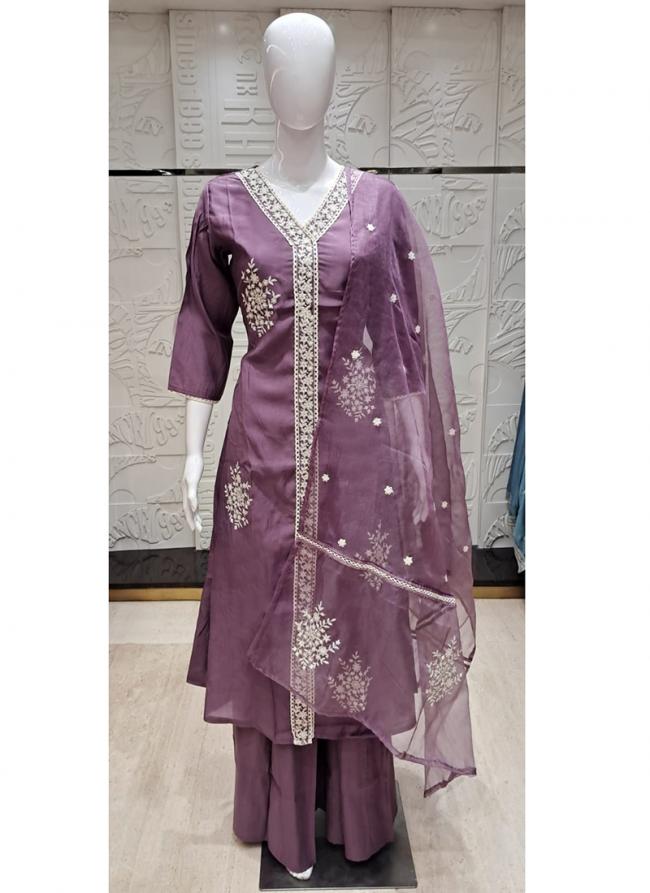 Modal Purple Traditional Wear Thread Work Readymade Anarkali Suit